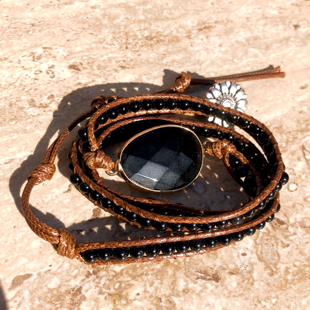 NEW Black Onyx Boho Beaded Leather Wrap Bracelet - Picture 2 of 8